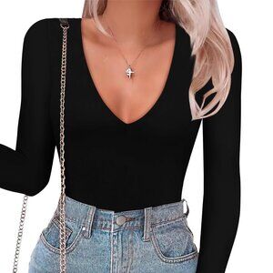 Black Deep V Plunge Long Sleeve Bodysuit – Double Lined Fitted Style